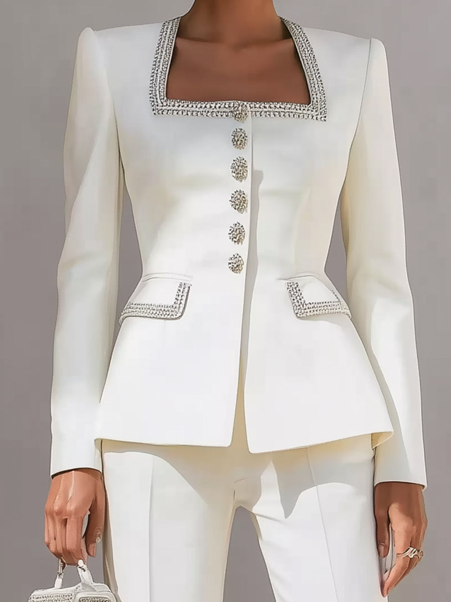 White Structured Suit With Embellished Trim And Sculpted Silhouette ZJ