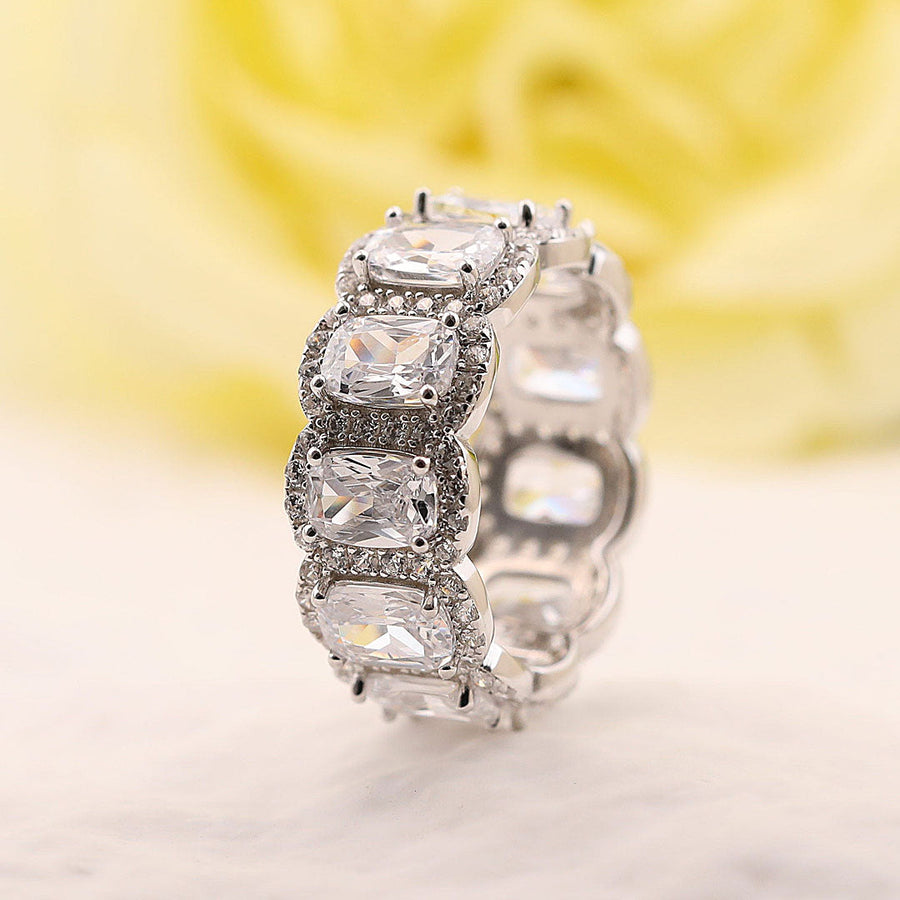 Exquisite Cushion Cut Halo Wedding Band In Sterling Silver Shineofdiamond