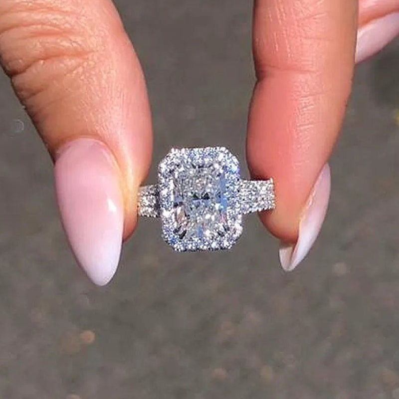 Halo Radiant Cut Split Shank Engagement Ring In Sterling Silver shineofdiamond