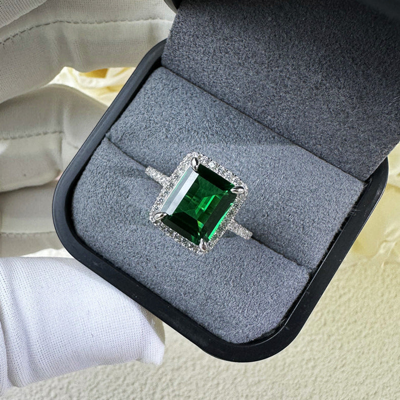 Multi-Color Halo Emerald Cut Engagement Ring In Sterling Silver Shineofdiamond