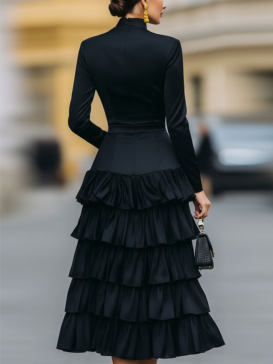 Elegant Mock Neck Tiered Ruffle Midi Dress SN