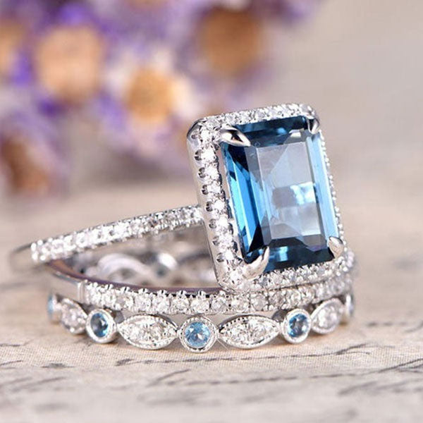 Aquamarine 3-Piece Halo Emerald Cut Sterling Silver Bridal Sets hot