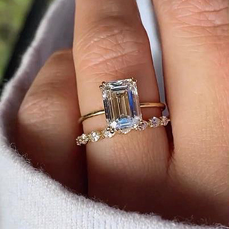 Luxurious Golden Tone Emerald Cut Sterling Silver Wedding Bridal Set Shineofdiamond