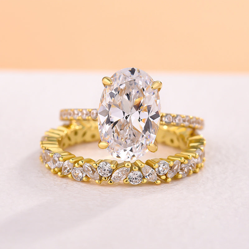 Golden Tone Oval Cut Sterling Silver Bridal Set with Exquisite Marquise & Round Cut Band Shineofdiamond