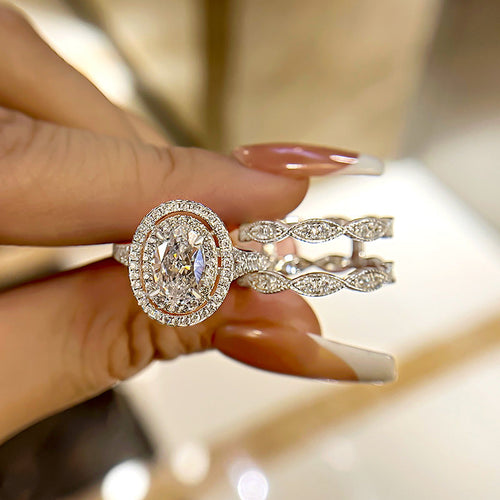 Oval Cut Double Halo Bridal Set with Double Edge Band Enhancer Ring Set Shineofdiamond