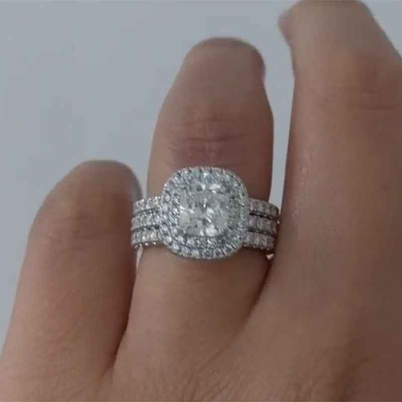 3-Piece Halo Cushion Cut Sterling Silver Bridal Set with Half-Eternity Bands Shineofdiamond