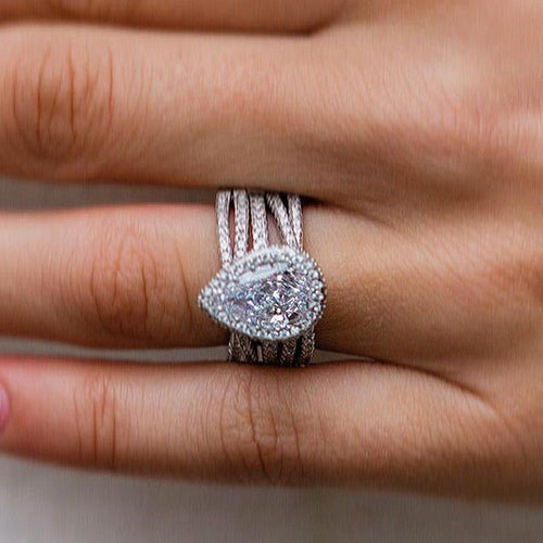 3PCS Classic Halo Pear Cut Wedding Bridal Set with X Criss Cross Band Shineofdiamond