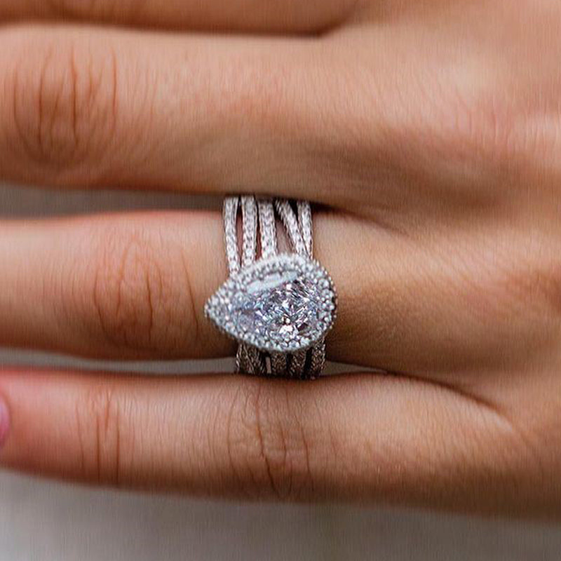 3PCS Classic Halo Pear Cut Wedding Bridal Set with X Criss Cross Band Shineofdiamond