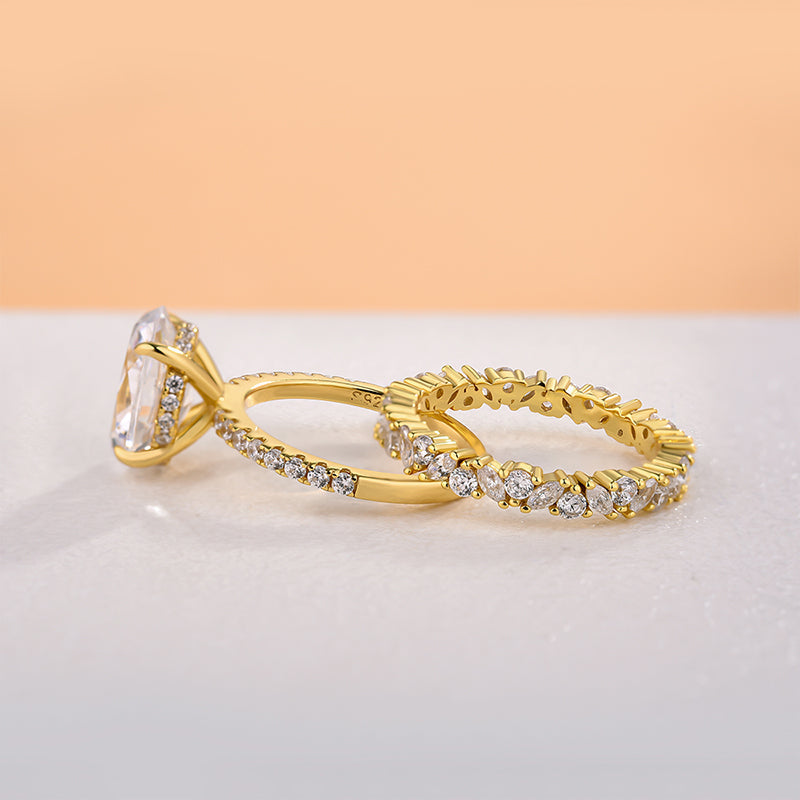 Golden Tone Oval Cut Sterling Silver Bridal Set with Exquisite Marquise & Round Cut Band Shineofdiamond