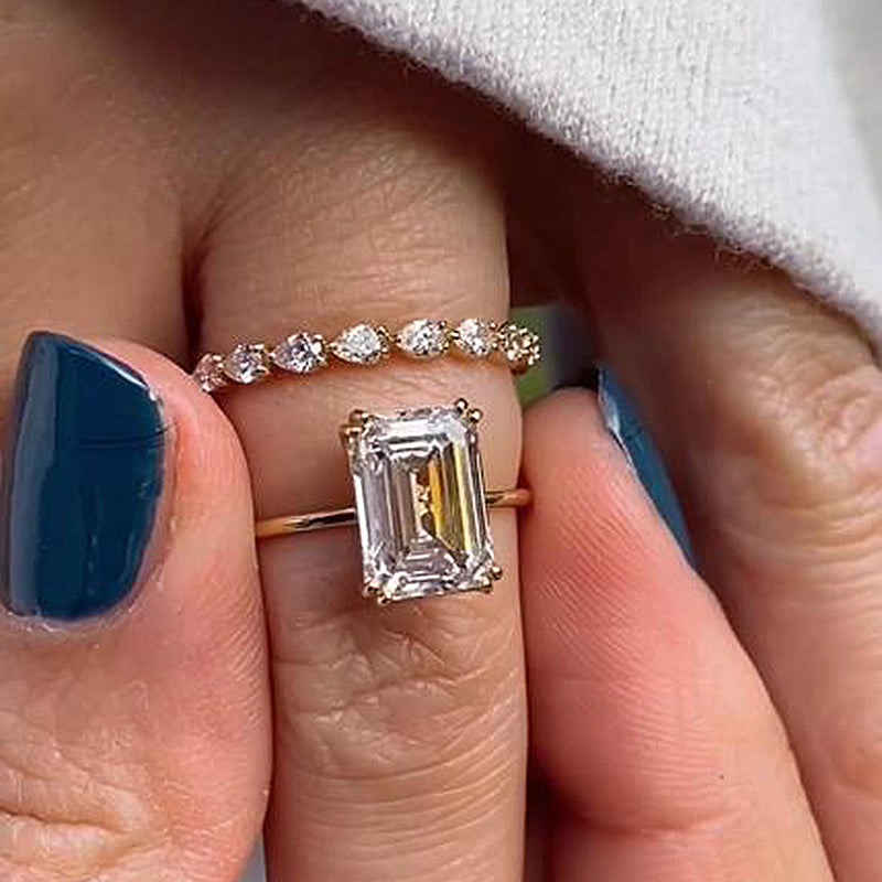 Luxurious Golden Tone Emerald Cut Sterling Silver Wedding Bridal Set Shineofdiamond