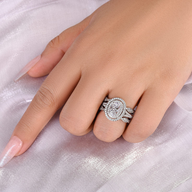 Oval Cut Double Halo Bridal Set with Double Edge Band Enhancer Ring Set Shineofdiamond
