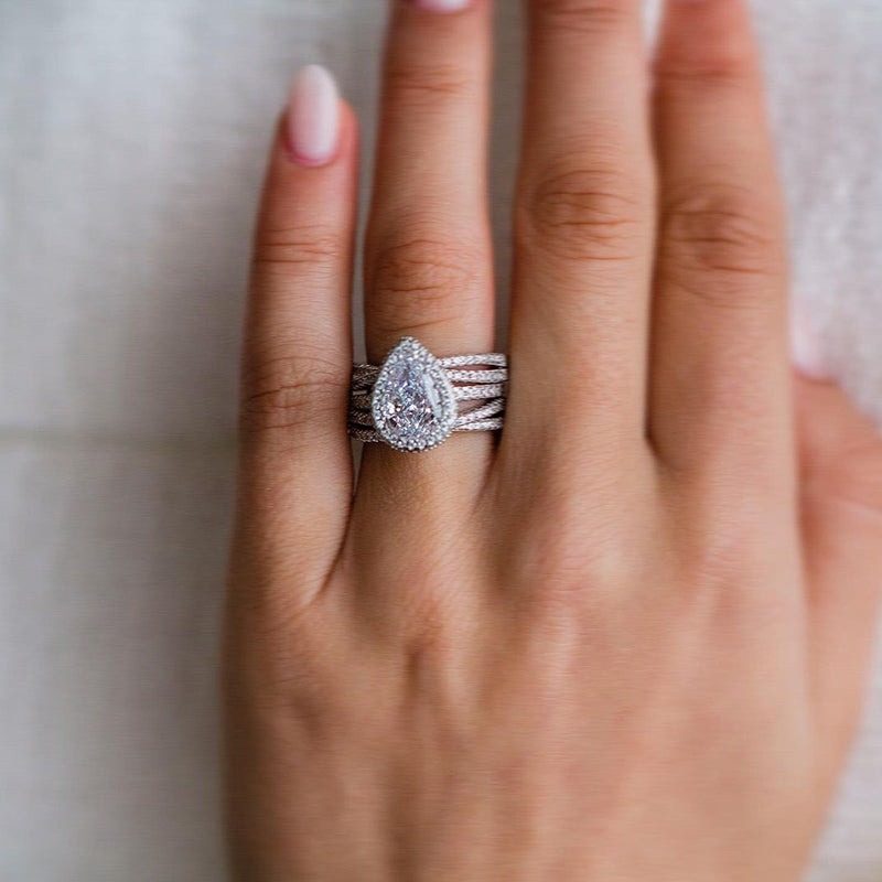 3PCS Classic Halo Pear Cut Wedding Bridal Set with X Criss Cross Band Shineofdiamond