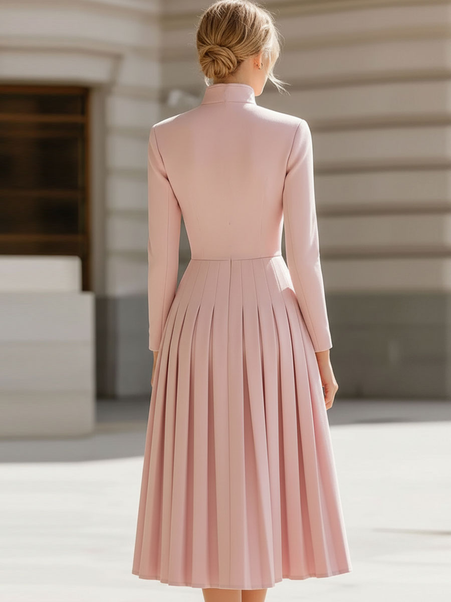 Elegant Blush Pink Pleated Midi Dress With Stand Collar SN