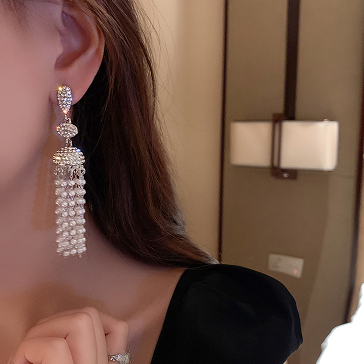 Rhinestones Paved Drop Earrings With Pearl Fringe Dobrilajewelry