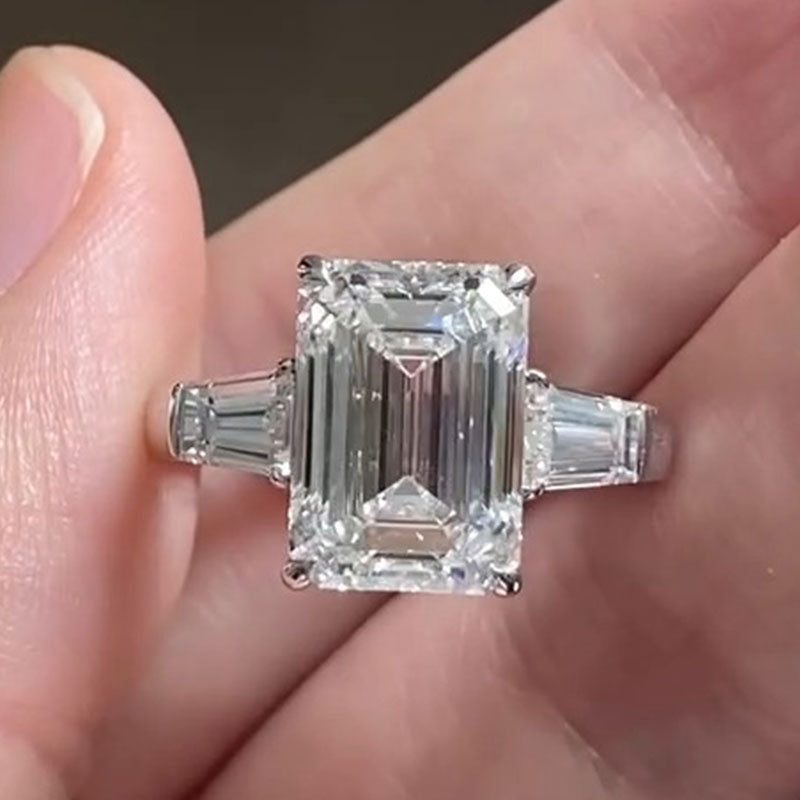 Classic Three Stone Emerald Cut Sterling Silver Engagement Ring Shine of Diamond