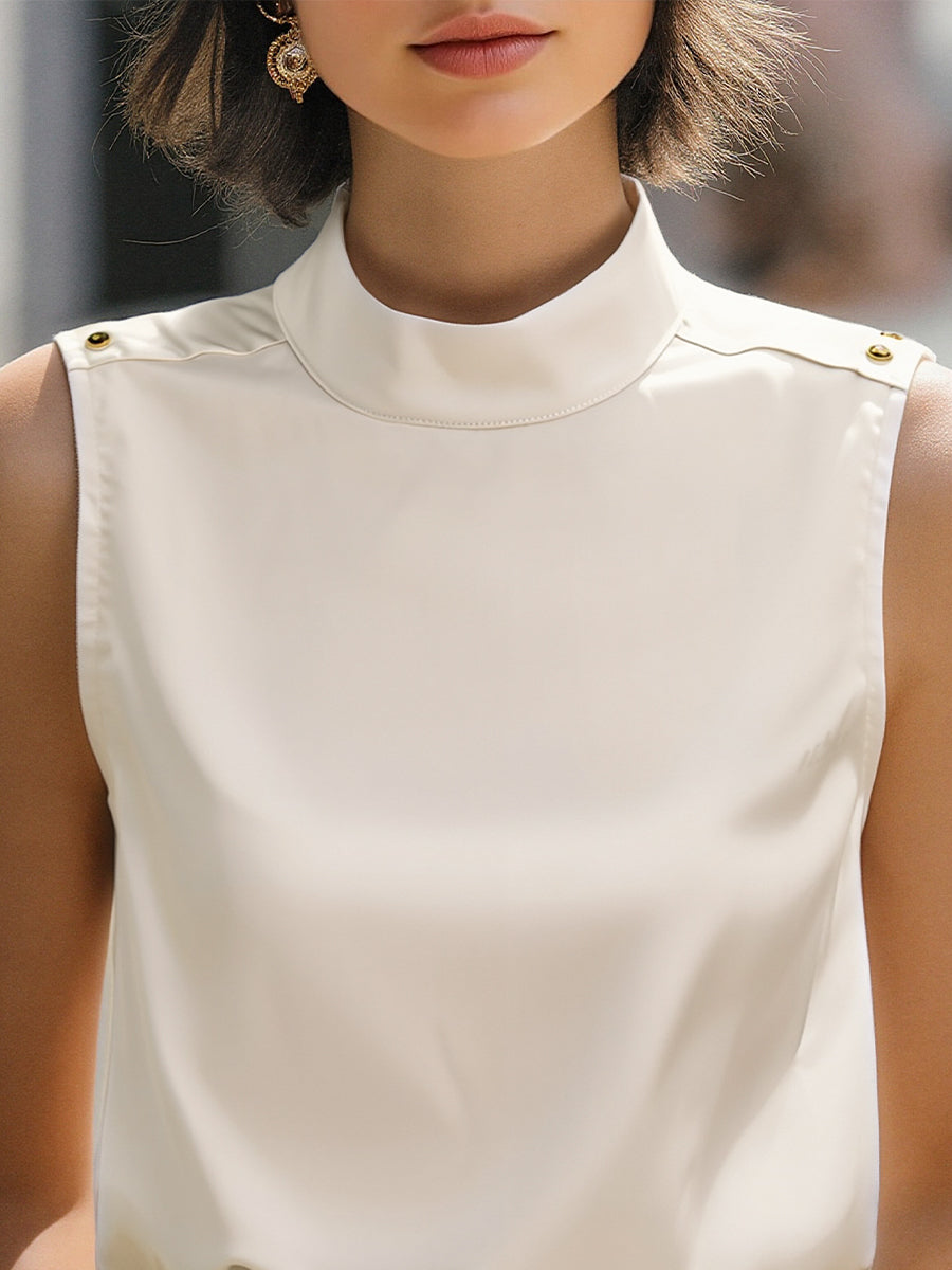 Elegant Ivory High-Neck Sleeveless Satin Blouse MLZ