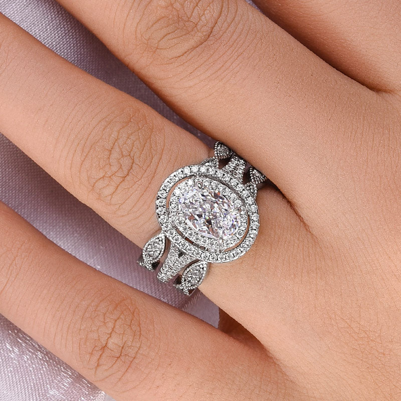 Oval Cut Double Halo Bridal Set with Double Edge Band Enhancer Ring Set Shineofdiamond