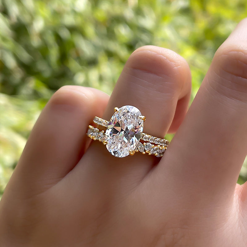 Golden Tone Oval Cut Sterling Silver Bridal Set with Exquisite Marquise & Round Cut Band Shineofdiamond