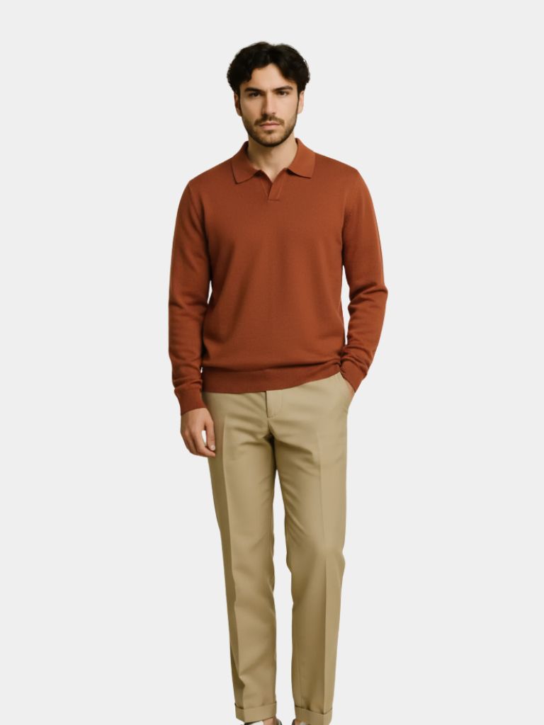 100% Wool Knit V Neck Turndown Polo Pullover - CAAYWORLD CAAYWORLD