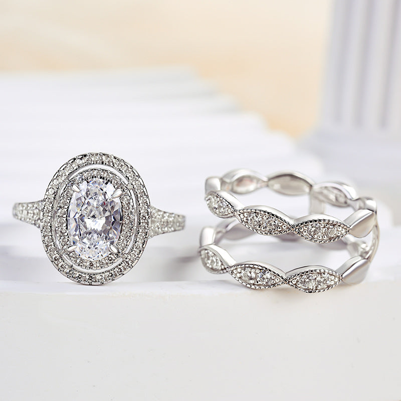 Oval Cut Double Halo Bridal Set with Double Edge Band Enhancer Ring Set Shineofdiamond