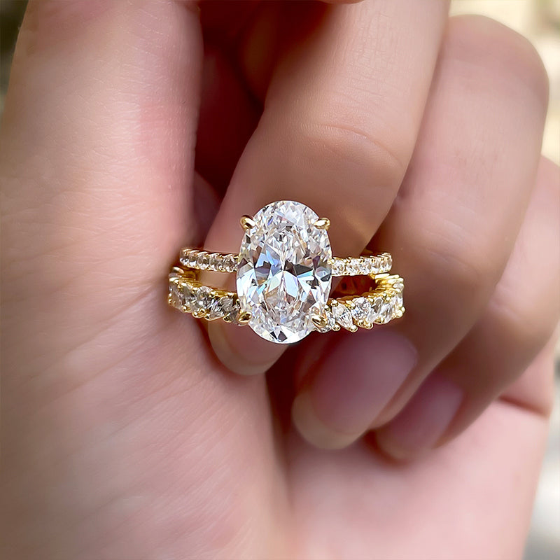 Golden Tone Oval Cut Sterling Silver Bridal Set with Exquisite Marquise & Round Cut Band Shineofdiamond