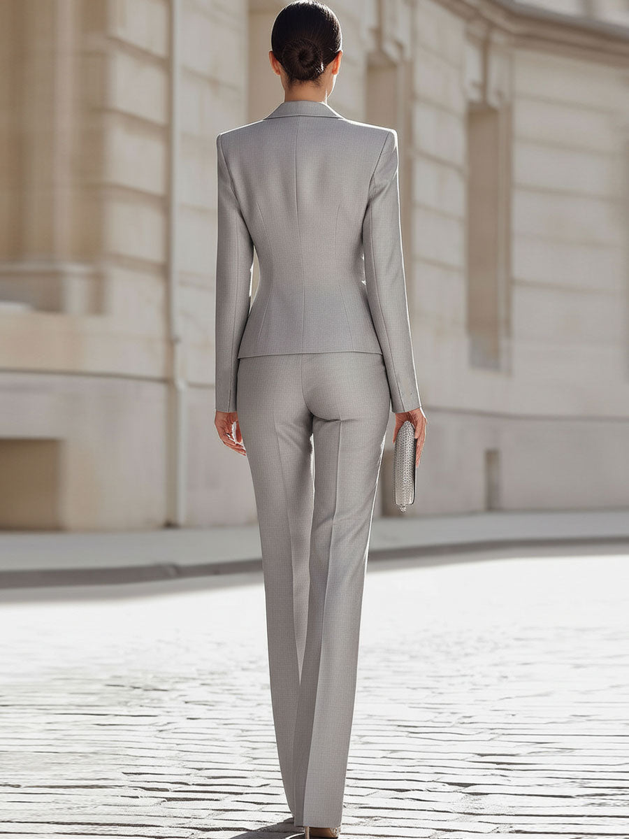 Sleek Light Gray Single-Breasted Blazer Suit Set SN