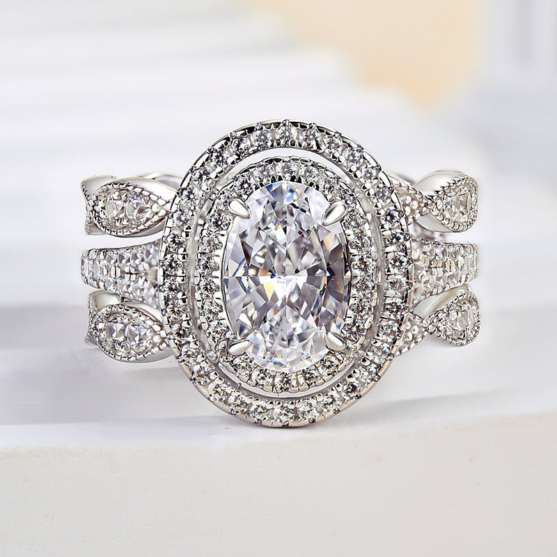 Oval Cut Double Halo Bridal Set with Double Edge Band Enhancer Ring Set Shineofdiamond