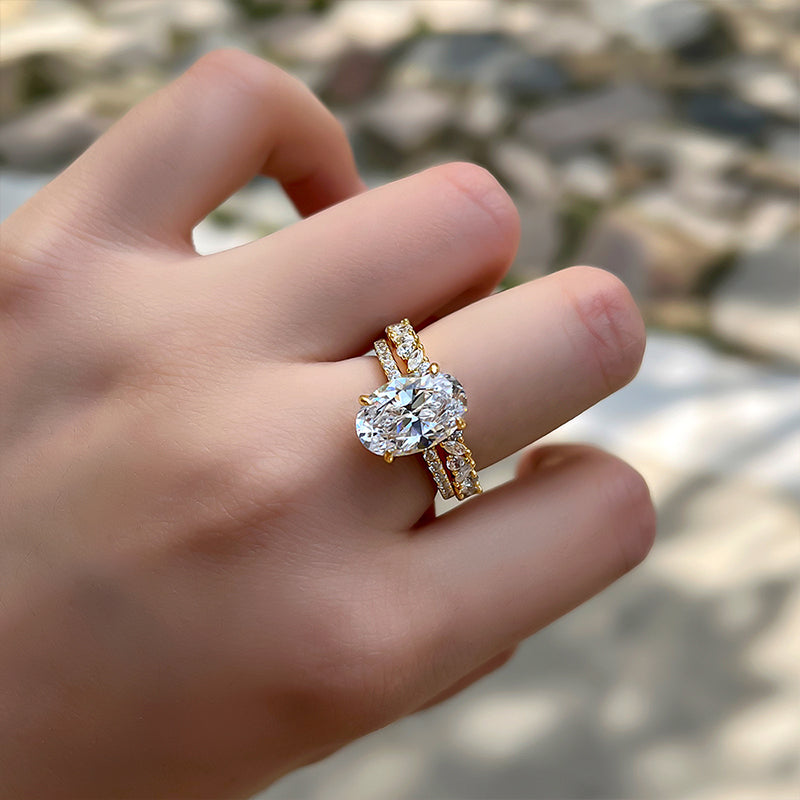 Golden Tone Oval Cut Sterling Silver Bridal Set with Exquisite Marquise & Round Cut Band Shineofdiamond