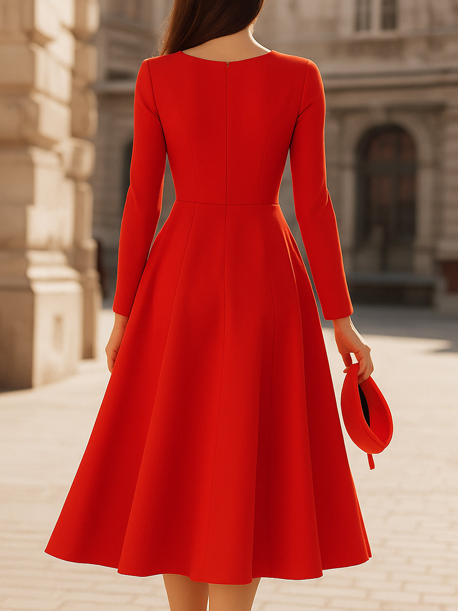 Elegant Red V - Neck Midi Fit - And - Flare Dress SN