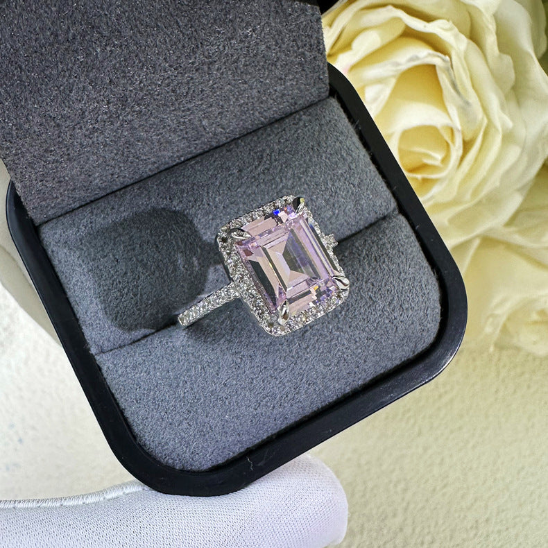 Multi-Color Halo Emerald Cut Engagement Ring In Sterling Silver Shineofdiamond