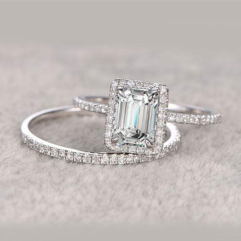 Halo Emerald Cut Sterling Silver Bridal Set with Side Stone Band shineofdiamond