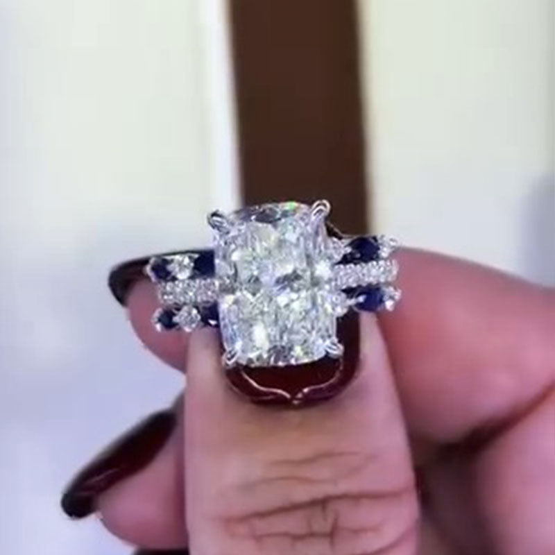 Vintage 2 PCS Blue Cushion Cut Sterling Silver Bridal Set Shine of Diamond