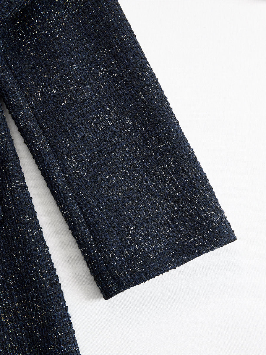 Navy Tweed Midi Dress With Embellished Buttons XYS
