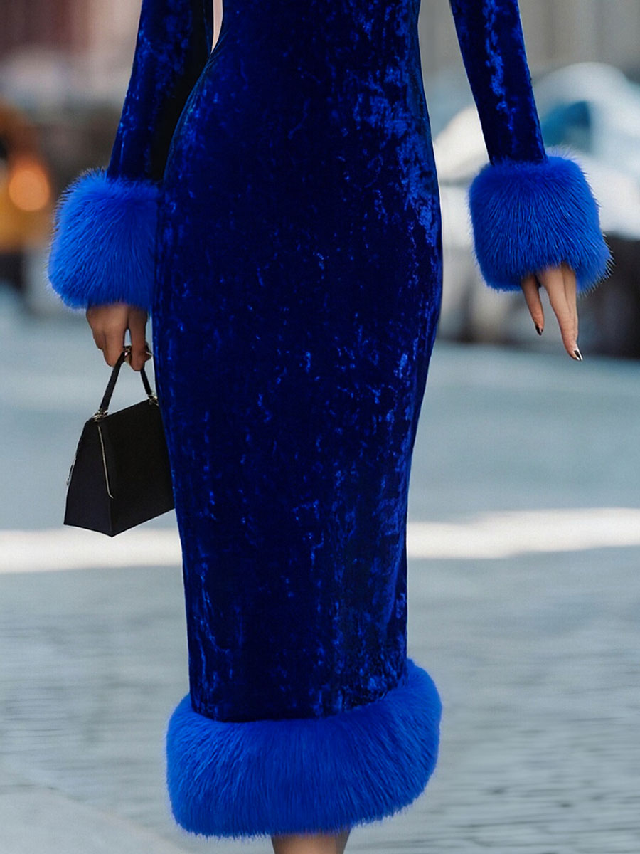 Glamorous Royal Blue Velvet Dress With Feather Trims SN