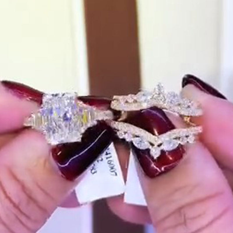 Exquisite 2 PCS Radiant Cut Sterling Silver Bridal Set Shine of Diamond