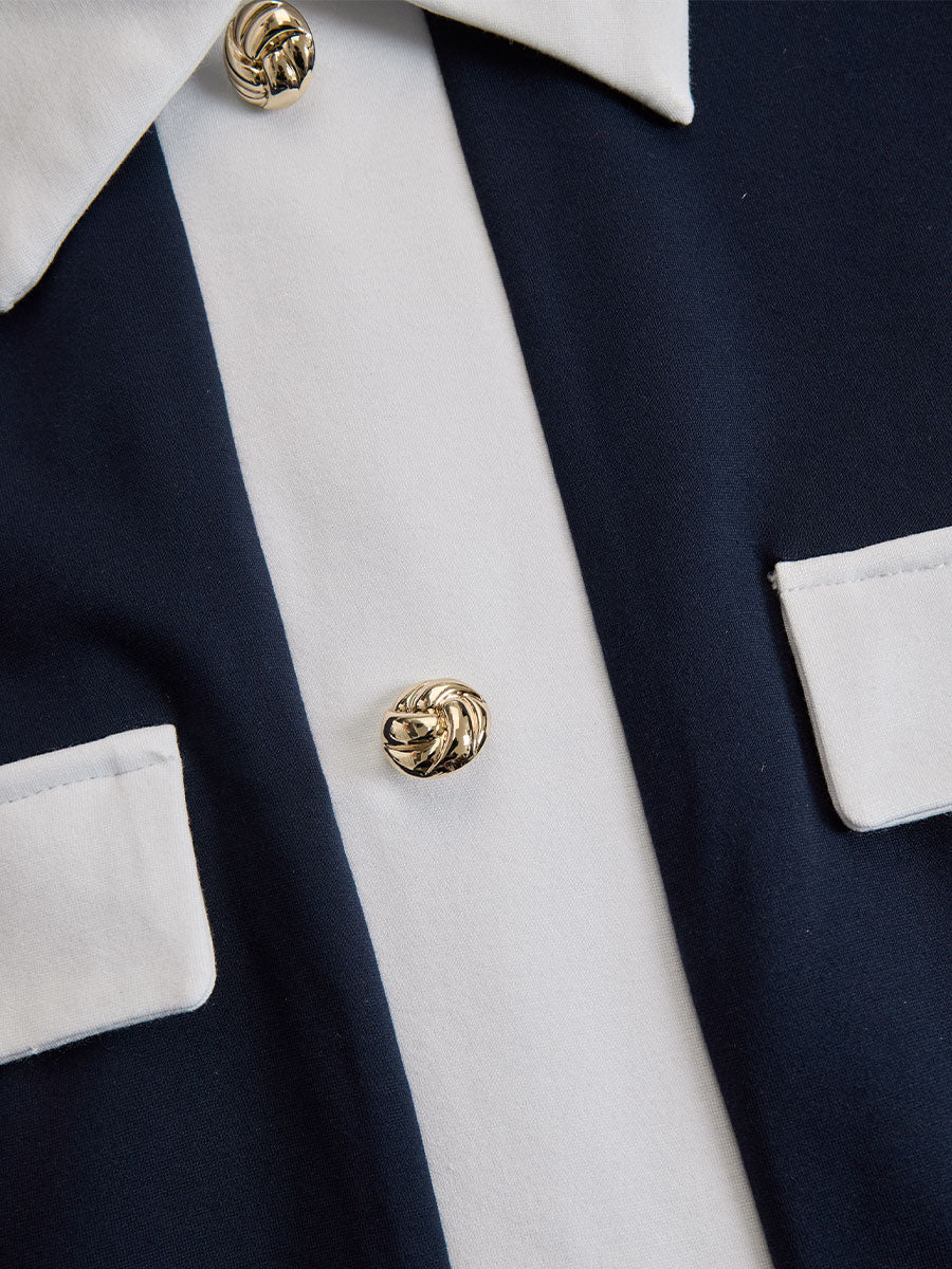 Elegant Navy & White Contrast Button-Up Midi Dress SN
