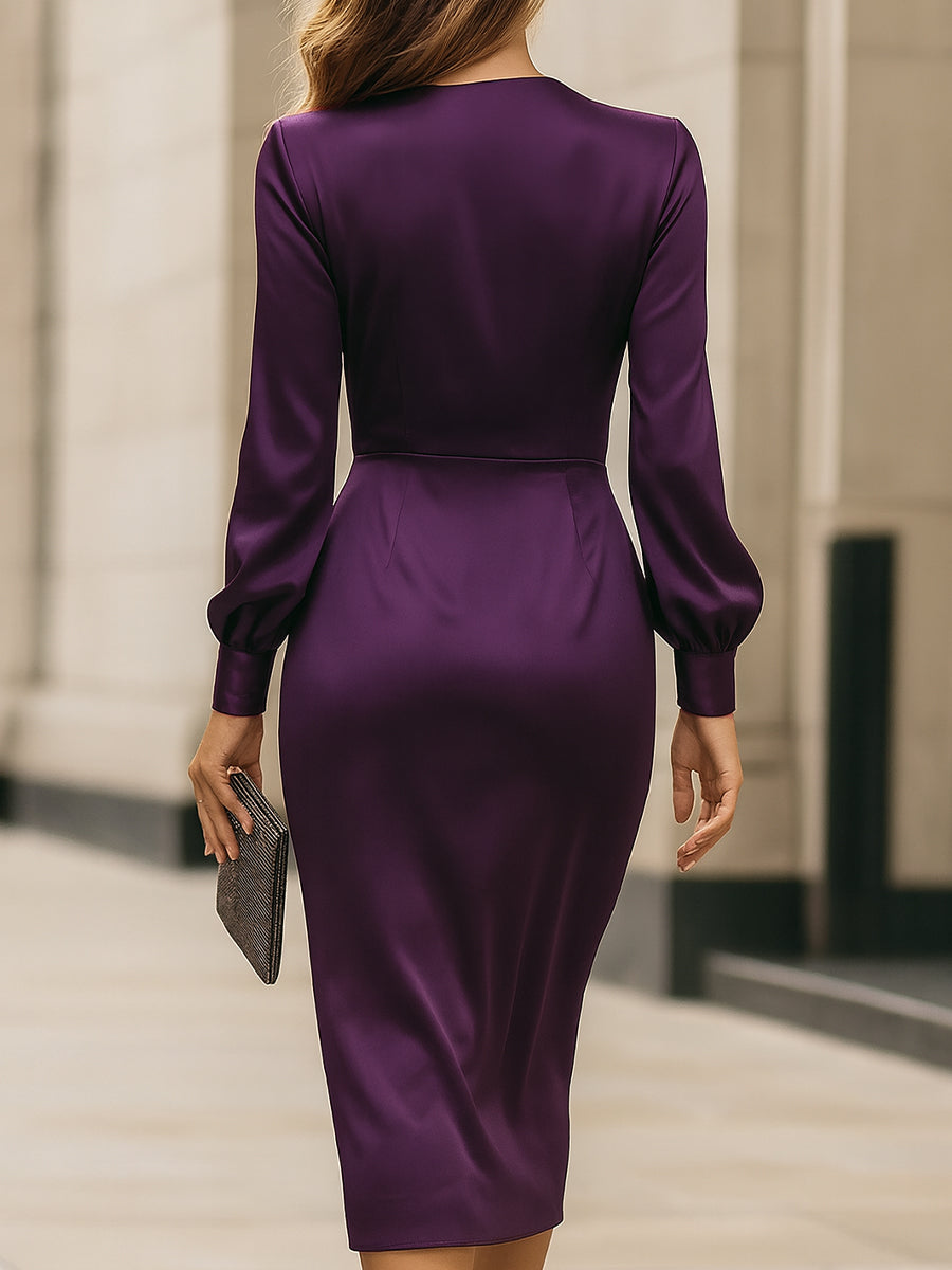 Deep Purple Satin Wrap Midi Dress ZJ