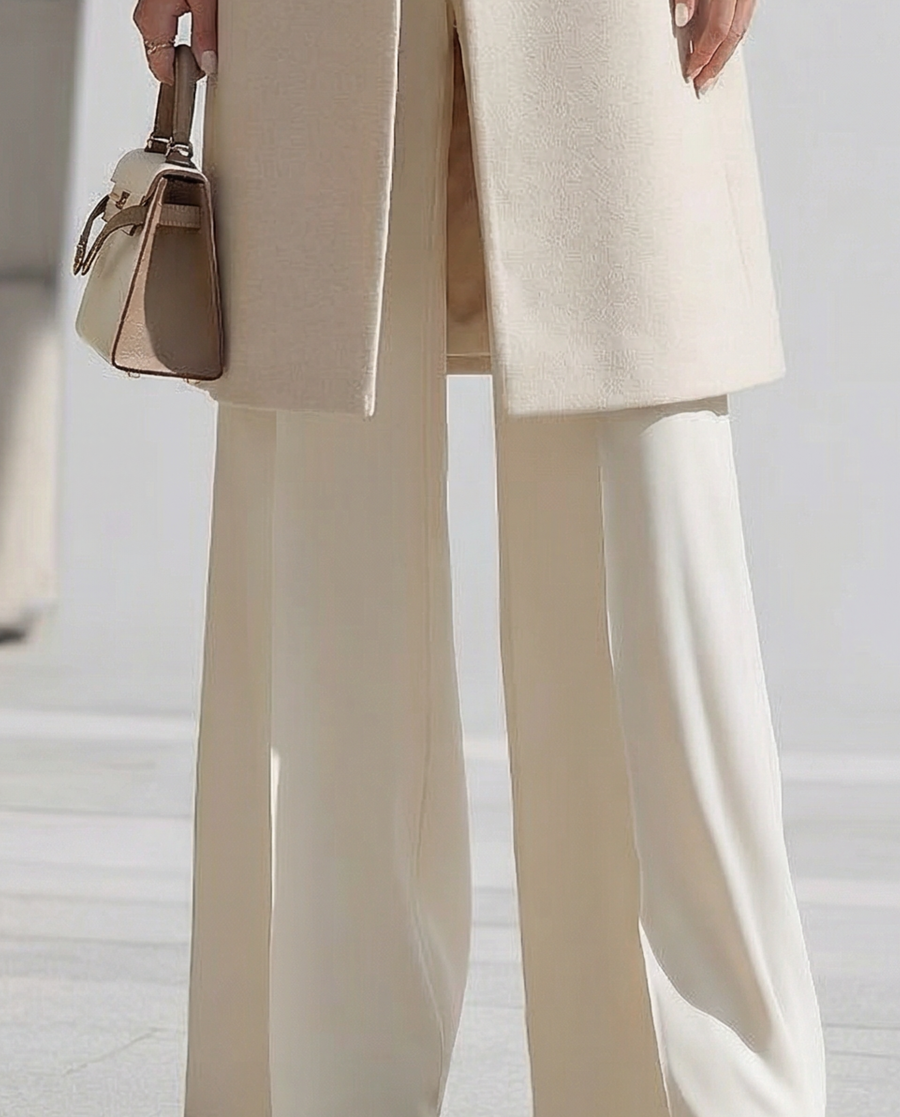 Elegant Cream Longline Blazer And Wide - Leg Pants Set