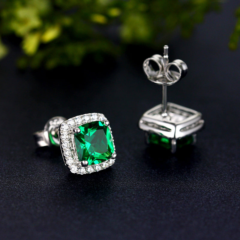 Retro Emeralds Cut Halo Stud Earrings in 18K Platinum Plated Sterling Silver shine of diamond