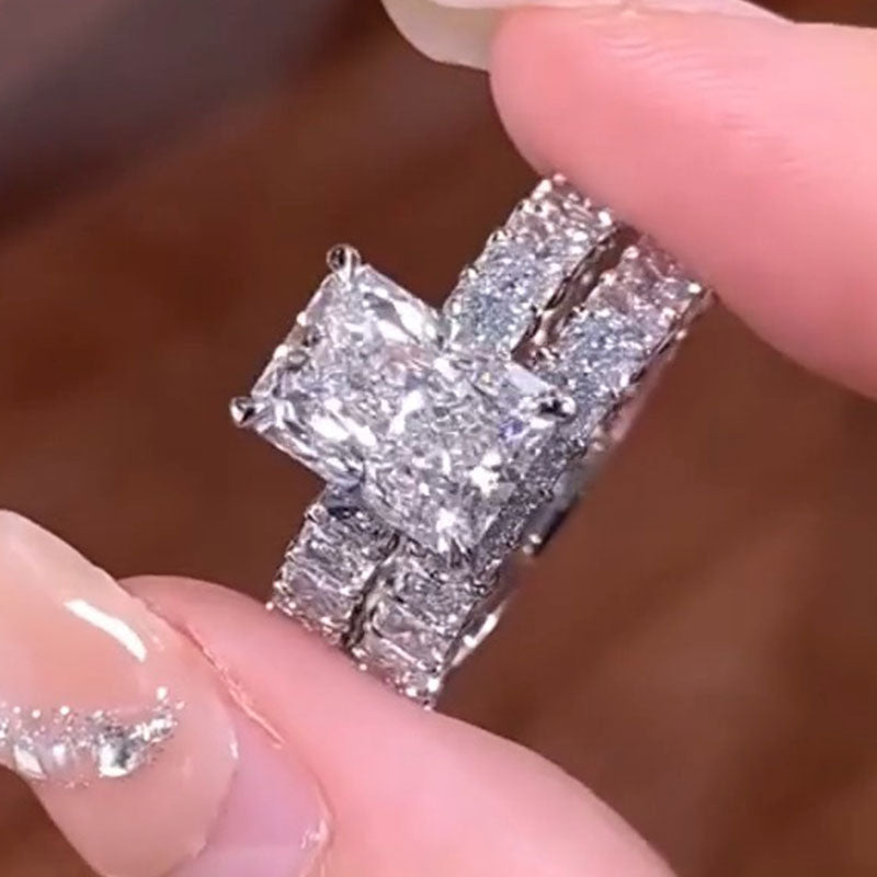 2Pcs Radiant Cut Sterling Silver Bridal Set with Eternity Band Shine of Diamond