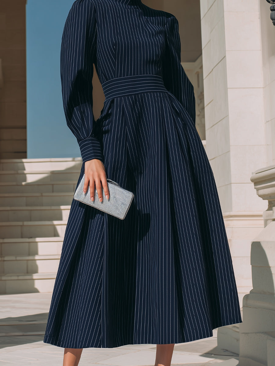 High-Neck Pinstripe Midi Dress With Structured Waist XYS