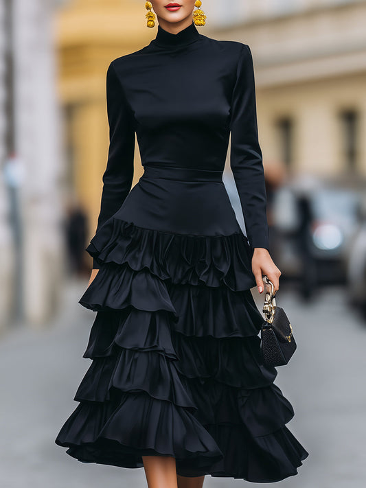Elegant Mock Neck Tiered Ruffle Midi Dress SN