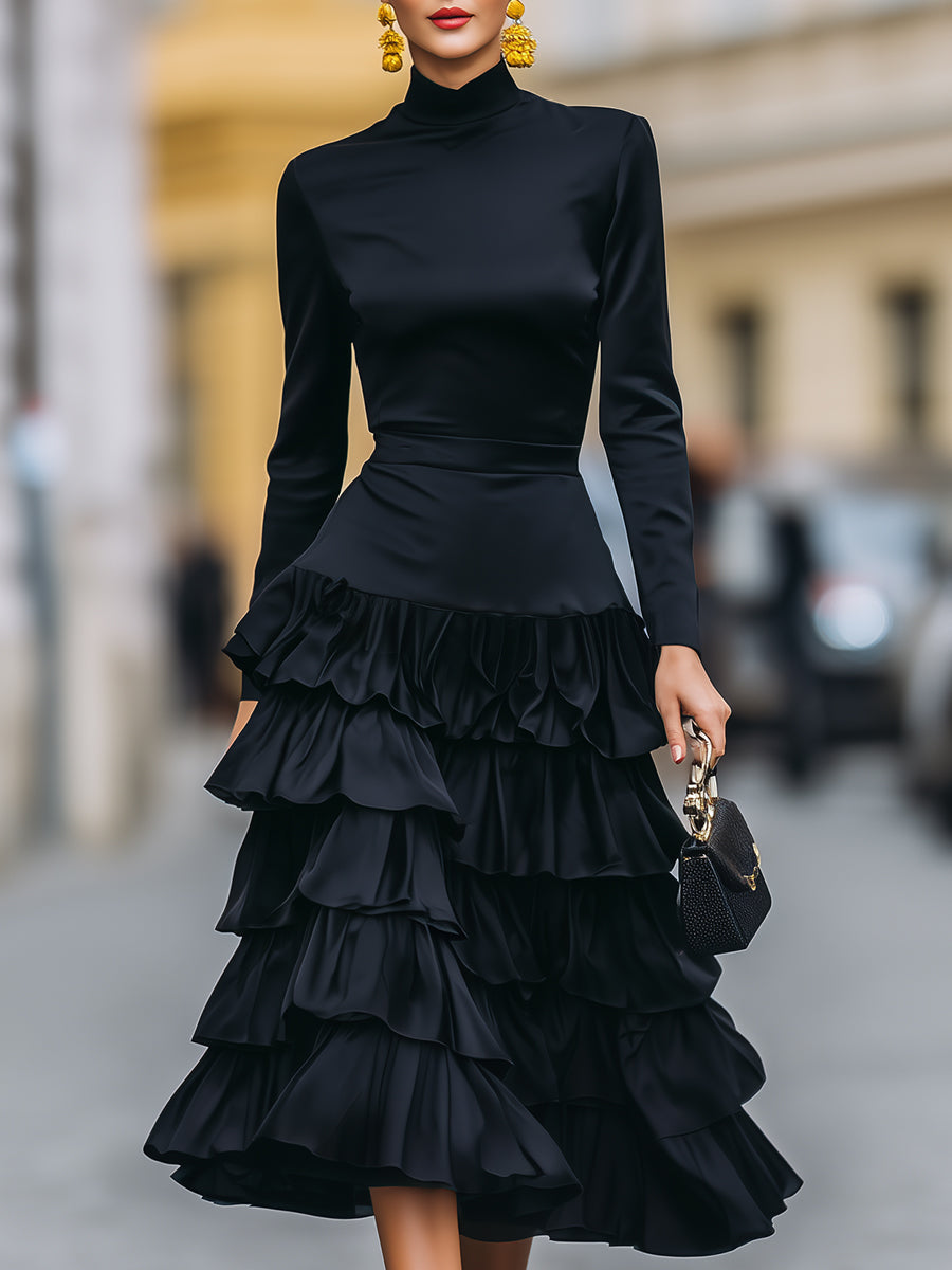 Elegant Mock Neck Tiered Ruffle Midi Dress SN