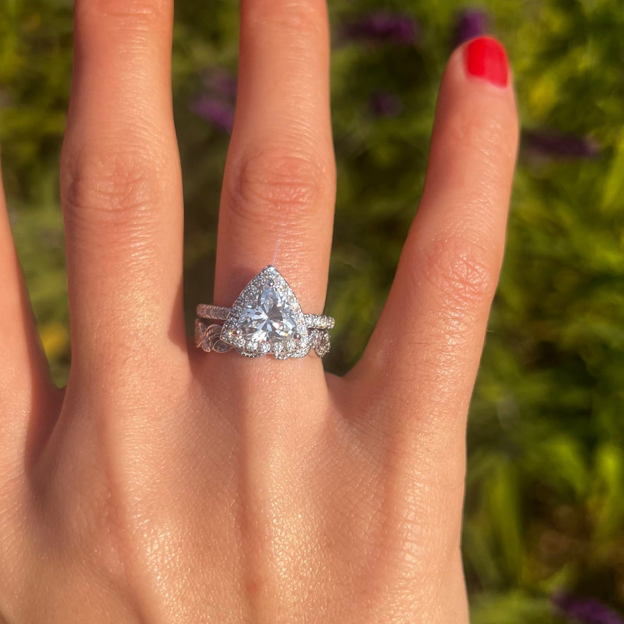 Unique 2 Pcs Triangle Shape Sterling Silver Bridal Set Shine of Diamond