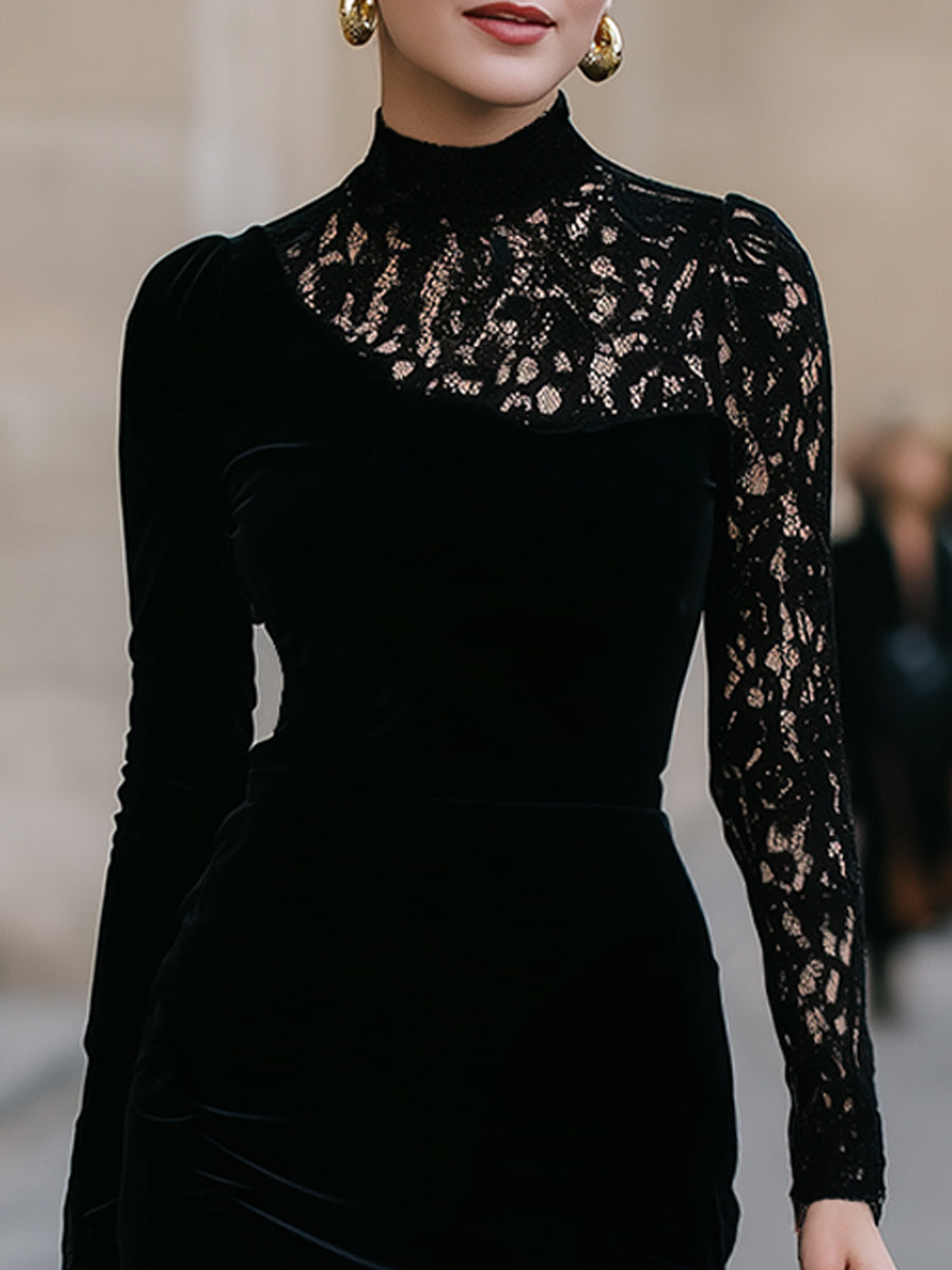 High-Neck Lace Panel Velvet Midi Dress HWT