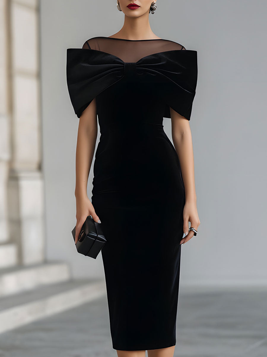 Dramatic Black Velvet Bow Midi Dress SN