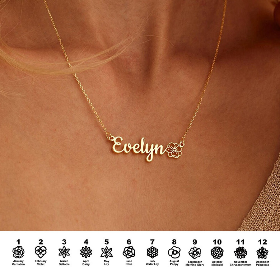 Personalize Name Necklace with Birth Flower in Stainless Steel Shine of Diamond