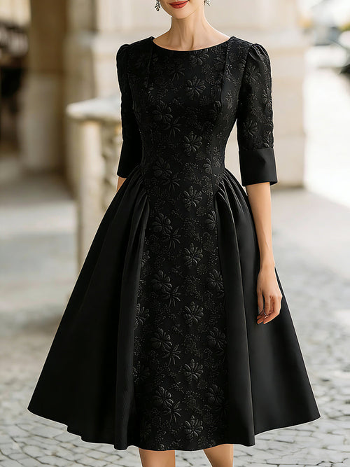 Elegant Jacquard Short-Sleeve A-Line Midi Dress HWT