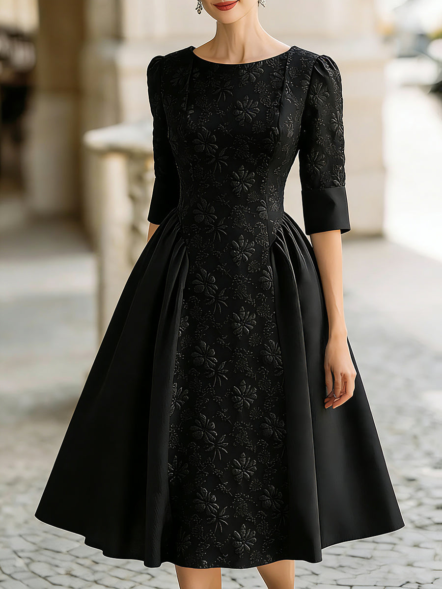 Elegant Jacquard Short-Sleeve A-Line Midi Dress HWT