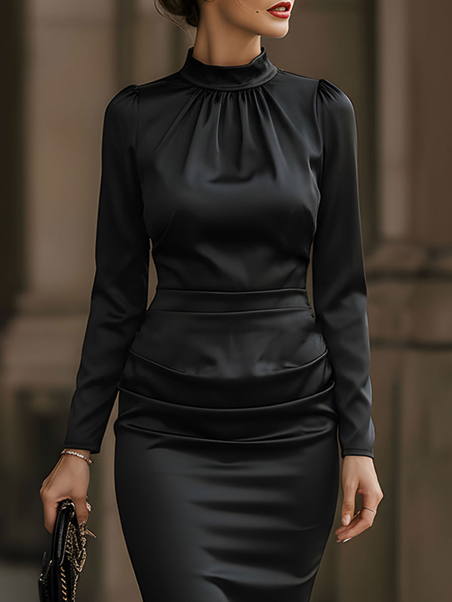 Satin Gathered-Neck Ruched-Waist Pencil Dress SN